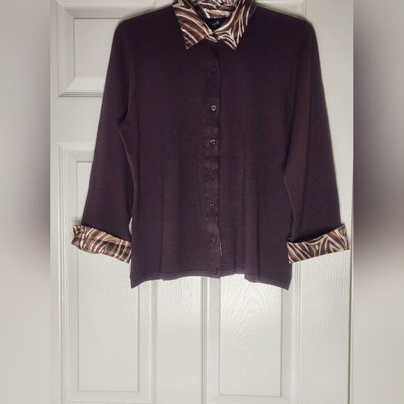 Willi Smith L Women's Brown Cardigan with Patterned Collar and Cuff SILK Blend - Picture 1 of 8